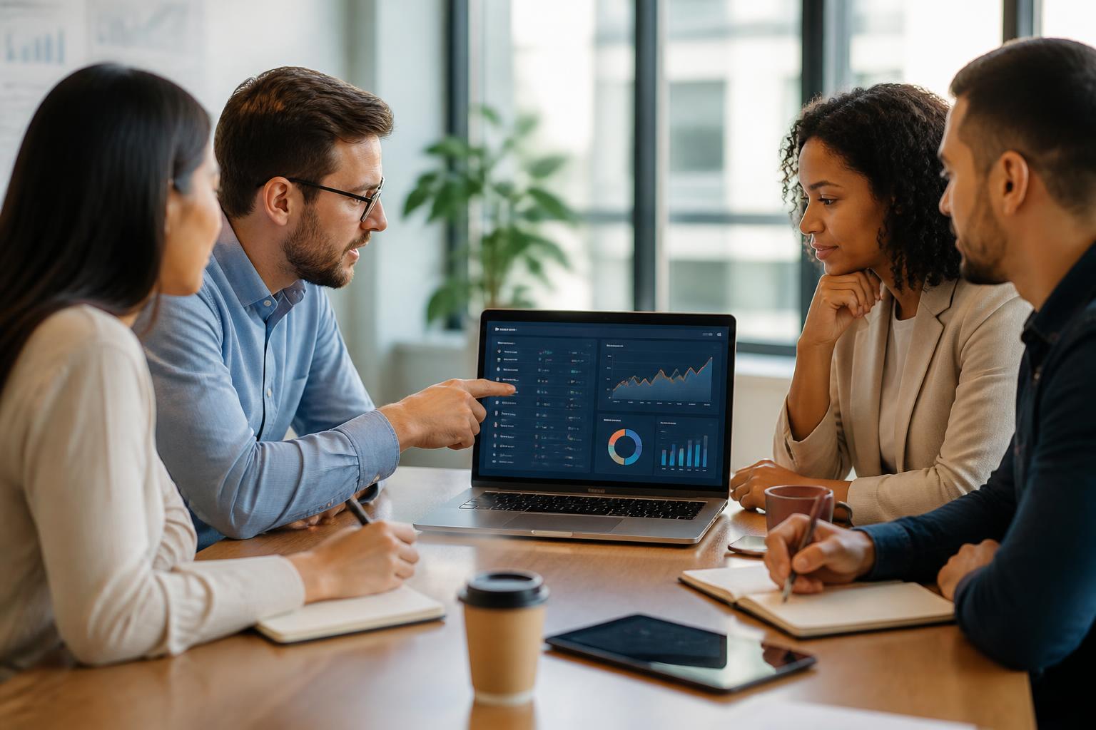 Sales and marketing team reviewing an AI lead scoring and campaign analytics dashboard together