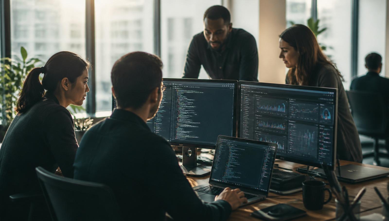 Diverse team of operators collaborating around monitors showing code and dashboards in a modern office.
