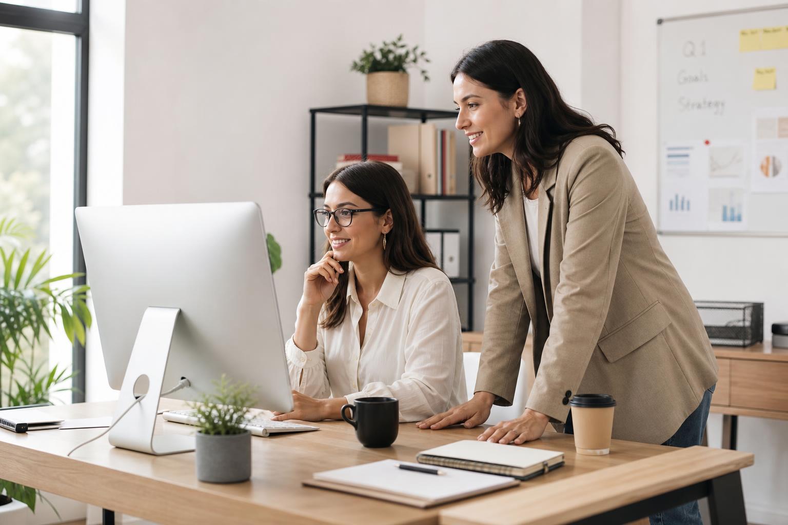 Small business owner using an AI assistant dashboard in her shop with a teammate nearby
