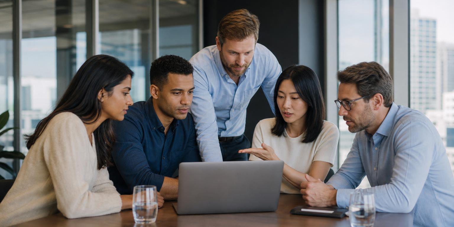 Venture capitalists and startup founders collaborating around a modern SaaS app prototype