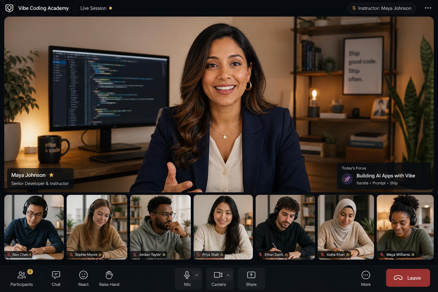 Live vibe coding training session with a woman trainer and cohort of students in a virtual classroom